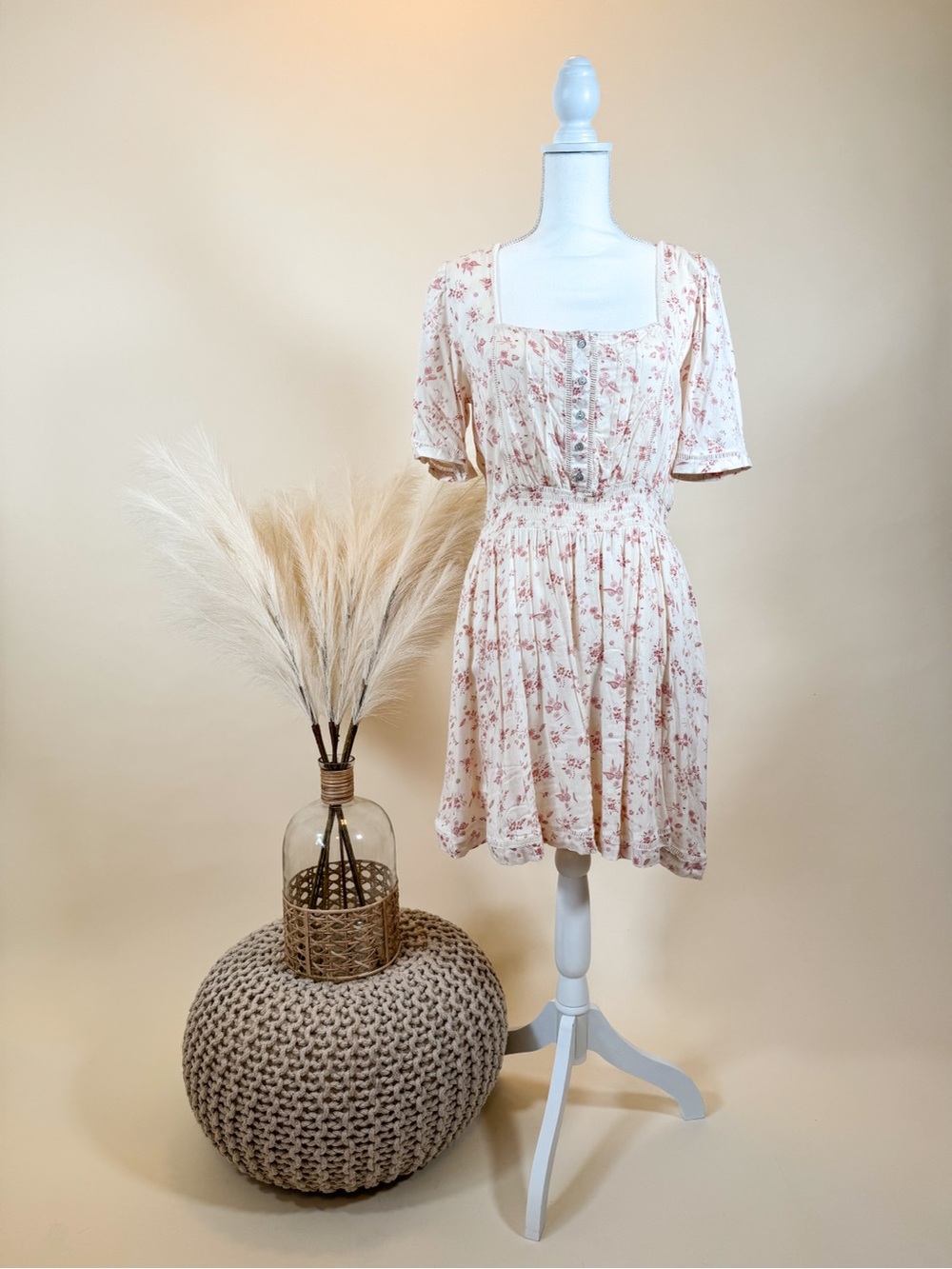 Free People Cream Mini Dress with Pink Floral Print